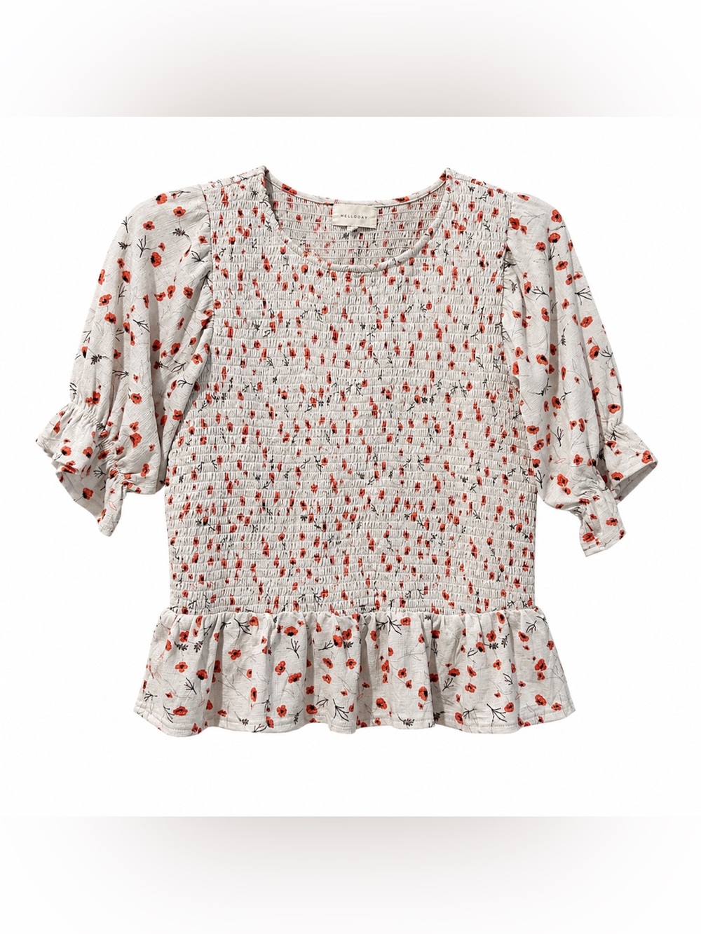 MELLODAY White Smocked Floral Top Medium Cottagecore Puff Sleeve Peplum Blouse